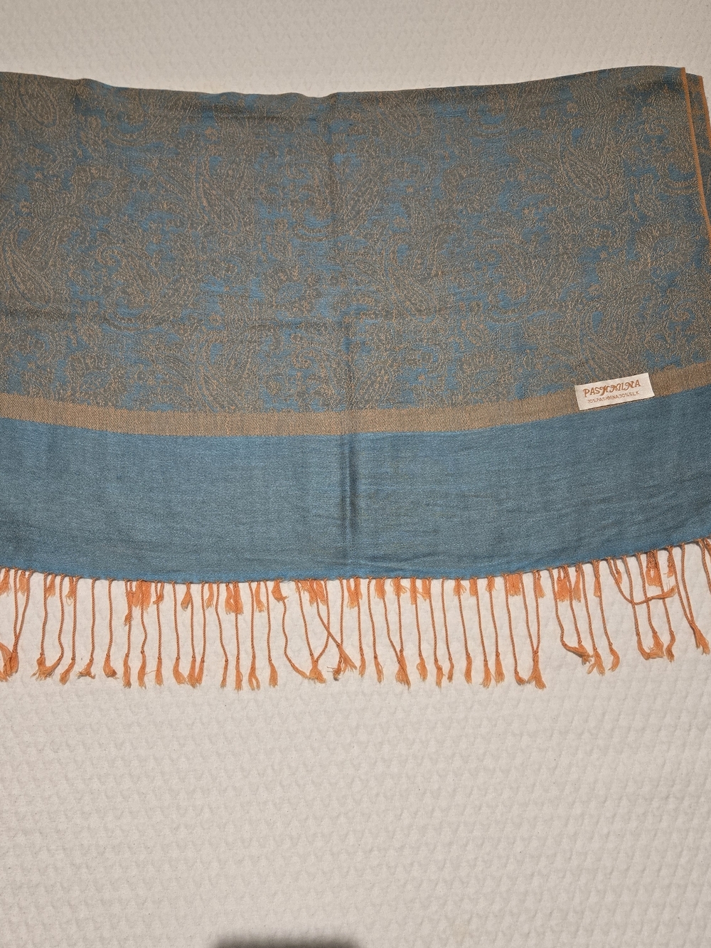Nwot pashmina Teal Shawl with Tan Paisley and Orange Fringe